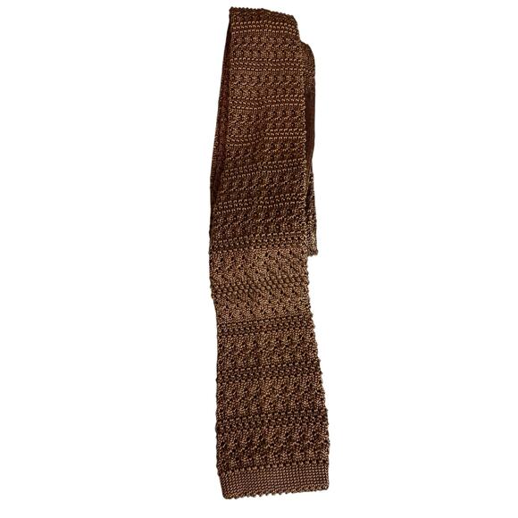 Vintage Tiberius Textured Knit Flat Bottom Silk Tie Mocha Brown - Picture 2 of 5